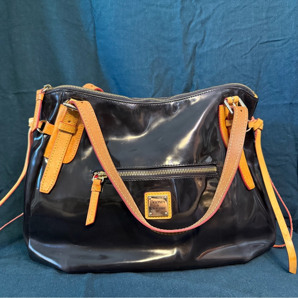 Dooney & Bourke Black Patent Shoulder Bag with Tan Trim